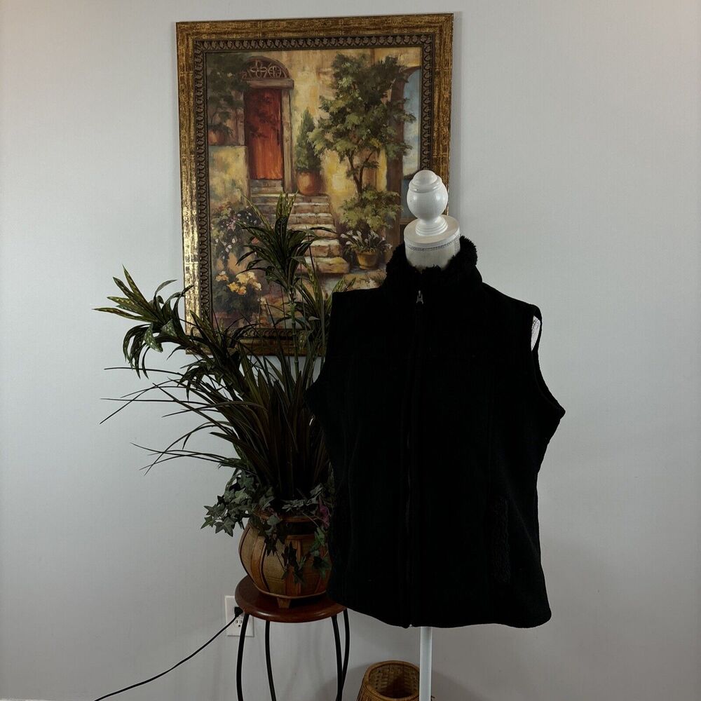 Janeβ Ashley Womenβs Black Fleece Sherpa Faux Fur Lined Zip-Up Vest Size Large